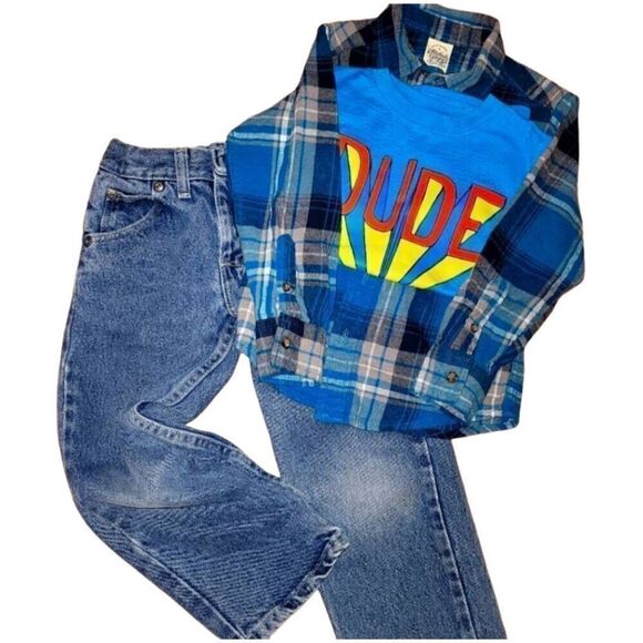 Boys 3pc Outfit Lot XS/5 Wrangler Jeans Dude Screen Tee Flannel Shirt Grunge Alt - Picture 1 of 8